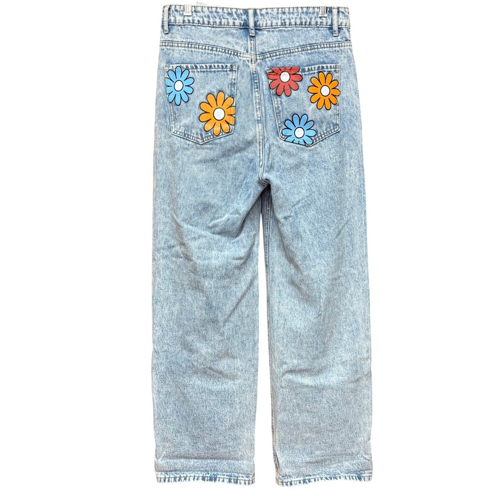 Women's Whitewash Wide‎ Leg Denim Jeans Flowers Size 6 Festival Hippie Y2K 70's